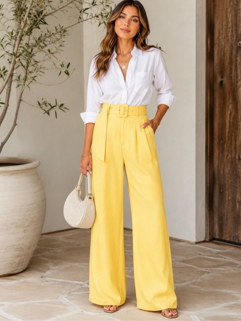 ASHLEY PARK x RTR Yellow Linen Blend Belted Wide Leg Pants Size 12